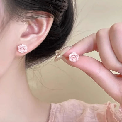 PONYKISS 925 Silver Mini Pink Rose Stud Earrings Women Jewelry