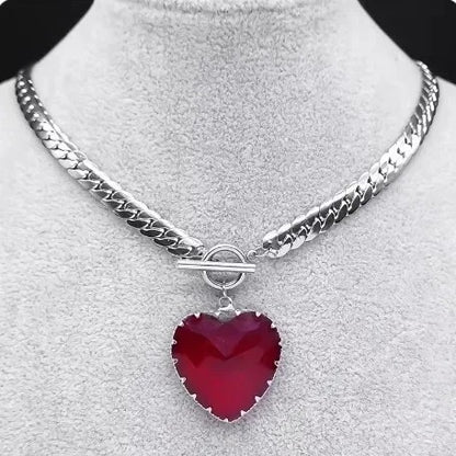 Red Heart Necklace Choker for Women Stainless Steel Silver Color Glass Pendant Clavicle Chain Necklaces Jewelry Girlfriend Gift