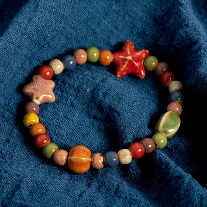 Colorful Starfish Seashell Ceramic Beaded Bracelet Boho Beach Women