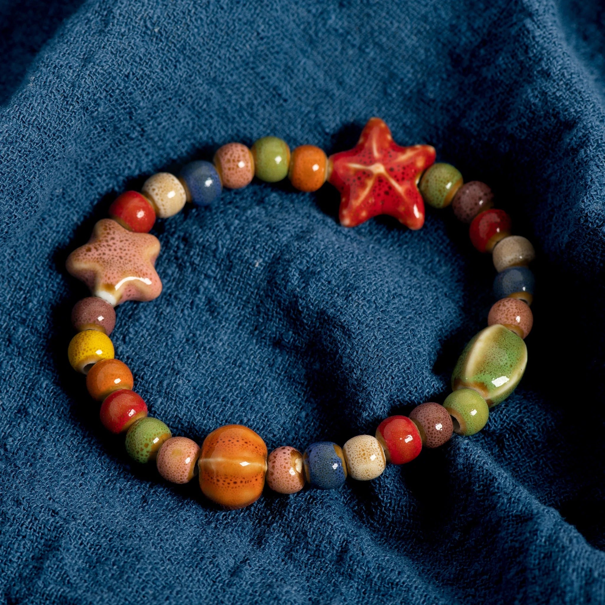 Handmade Colorful Starfish & Seashell Ceramic Beaded Bracelet Boho Beach Jewelry Elastic Wristband for Women