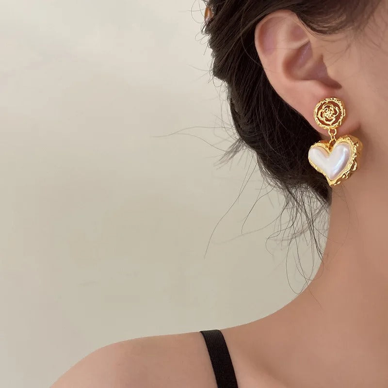 Flower Pearl Heart Drop Earrings 925 Silver Retro Jewelry Women