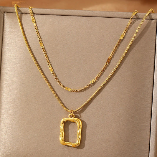 Stainless Steel Necklace Classic Fashion Openwork Square Pendant Layer Chain Necklace For Women Jewelry Party Personalized Gifts