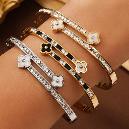 Lucky Four-Leaf Flower Open Bracelet Stainless Steel Zircon Jewelry