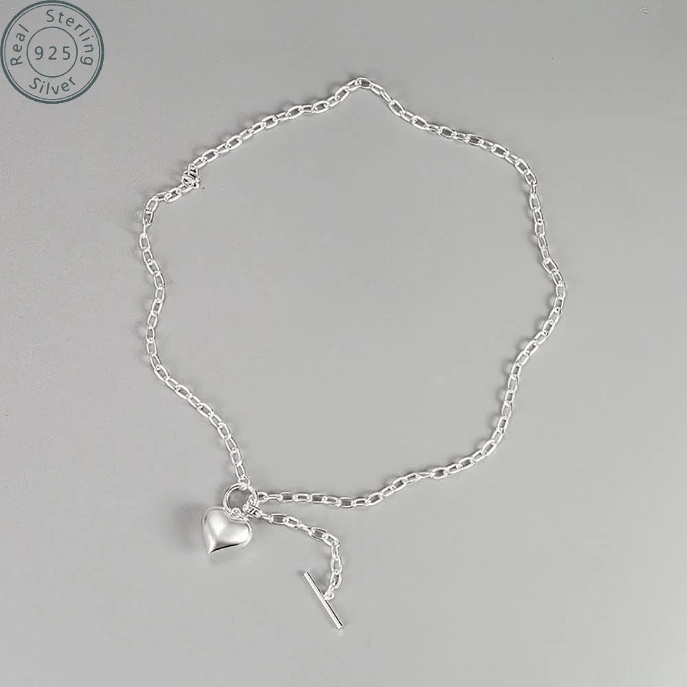 925Sterling Silver Cute Simple Heart Pendant Necklace Trendy Elegant Short Clavicle Chain Jewelry for Women