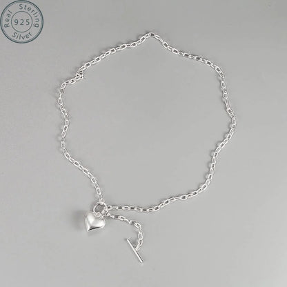 925Sterling Silver Cute Simple Heart Pendant Necklace Trendy Elegant Short Clavicle Chain Jewelry for Women