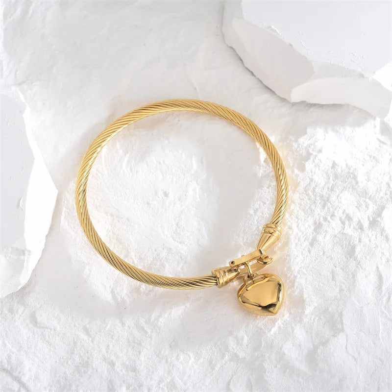 Gold Color Stainless Steel Heart Pendant Charm Bangle Bracelets For Women