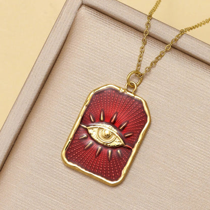 Stainless Steel Square Red Enamel Evil Eye Charm Necklace Waterproof 14K Gold Color Pendant Choker Jewelry For Women Daily Wear