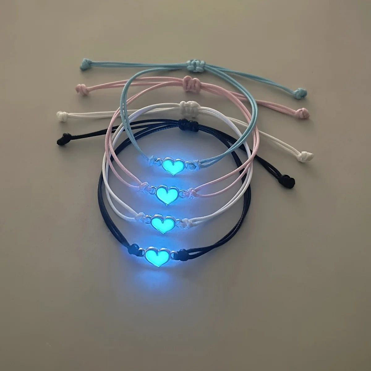4-Pc Glow-in-the-Dark Heart Bracelets Hand-Woven Wax Cord