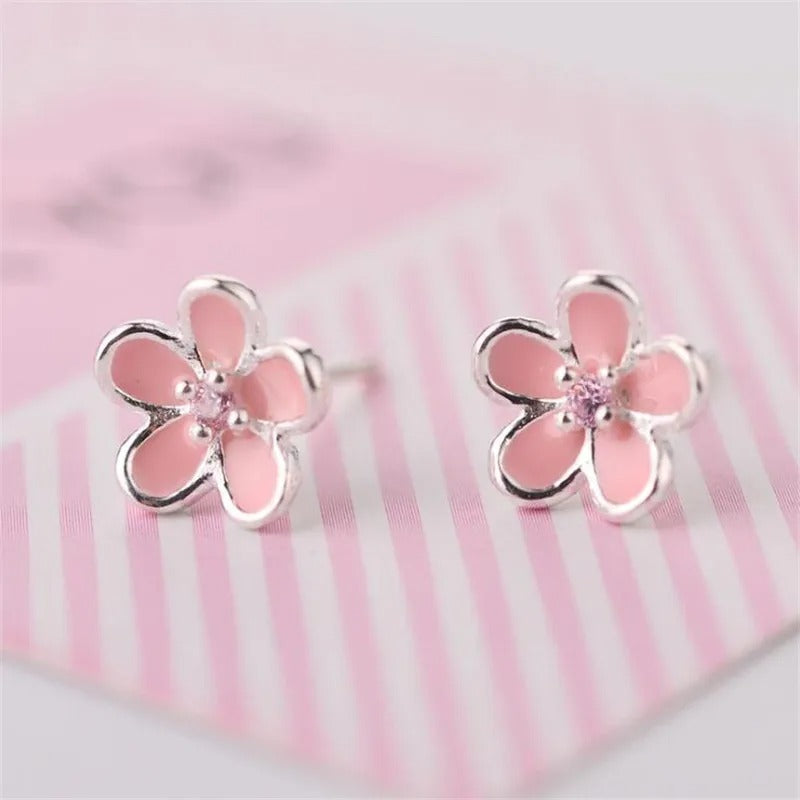 Cute Floral Sterling Silver Pink Crystal Stud Earrings for Women