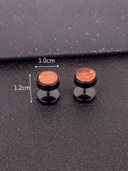 2Pc Men Wooden Round Stud Earrings Stainless Steel Punk Hip Hop Jewelry
