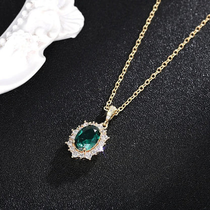 Noble Bright Pendant Necklace for Women Shiny Green Cubic Zirconia Neck Accessories Aesthetic Engagement Wedding Jewelry