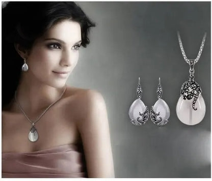 Vintage 925 Sterling Silver Jewelry Sets For Women Fashion Water Drop Shape Cat Eye Stone Pendants Necklace Earring Set
