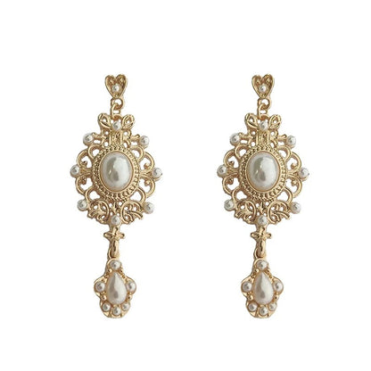 Vintage Palace Golden Pearl Hanging Earrings For Women Wedding Fine Drop Earrings Female Elegant Jewelry Gift