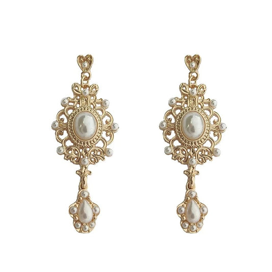 Vintage Palace Golden Pearl Hanging Earrings For Women Wedding Fine Drop Earrings Female Elegant Jewelry Gift