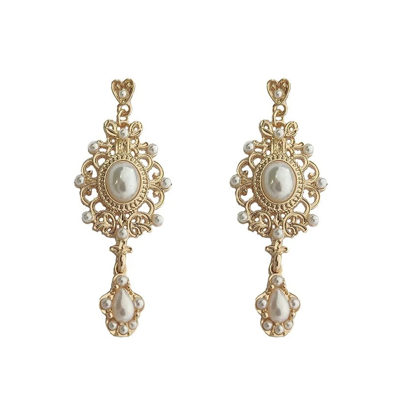 Vintage Palace Golden Pearl Hanging Earrings For Women Wedding Fine Drop Earrings Female Elegant Jewelry Gift