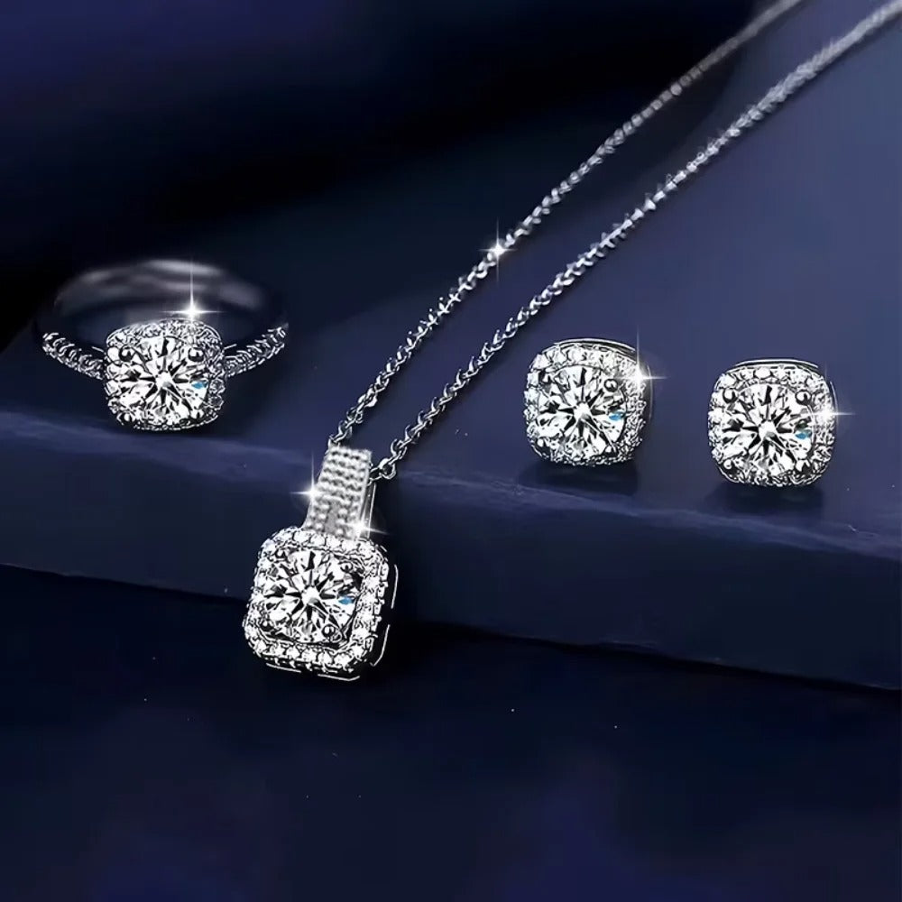 Luxury 3PCS Zircon Jewelry Set – Shiny Geometric Necklace, Earrings & Ring