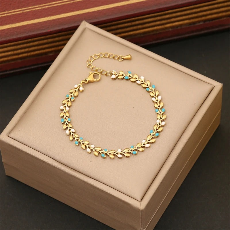 316L Stainless Steel New Fashion Fine Jewelry 3 Colors Oil Drip Wheat Ears Olive Branch Shape Charm Chain Bracelets For Women