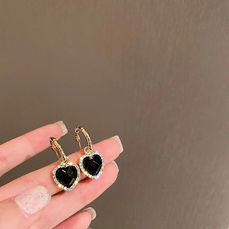 Black Heart Rhinestone Dangle Earrings Women Elegant Jewelry