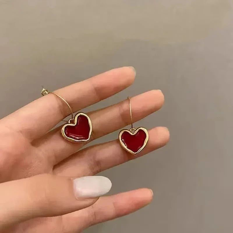 Red Heart Dangle Earrings for Women Gold Metal Jewelry Gift