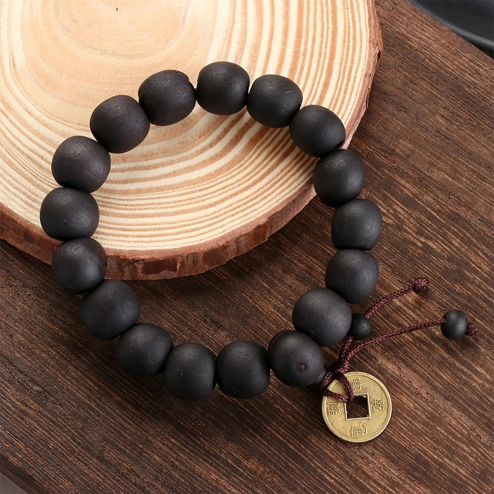 Wood Bead Buddha Bracelet Buddhist Prayer Copper Coin Jewelry