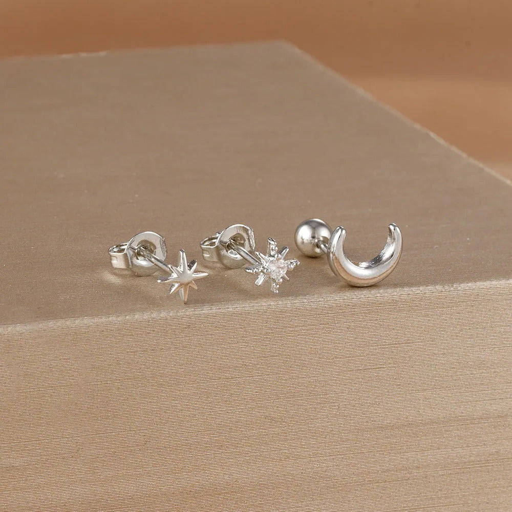 3Piece Stainless Steel Star Moon Ear Stud Earrings Set Women Daily Wear Cartilage Piercing Earring Punk Unisex Rock Jewelry