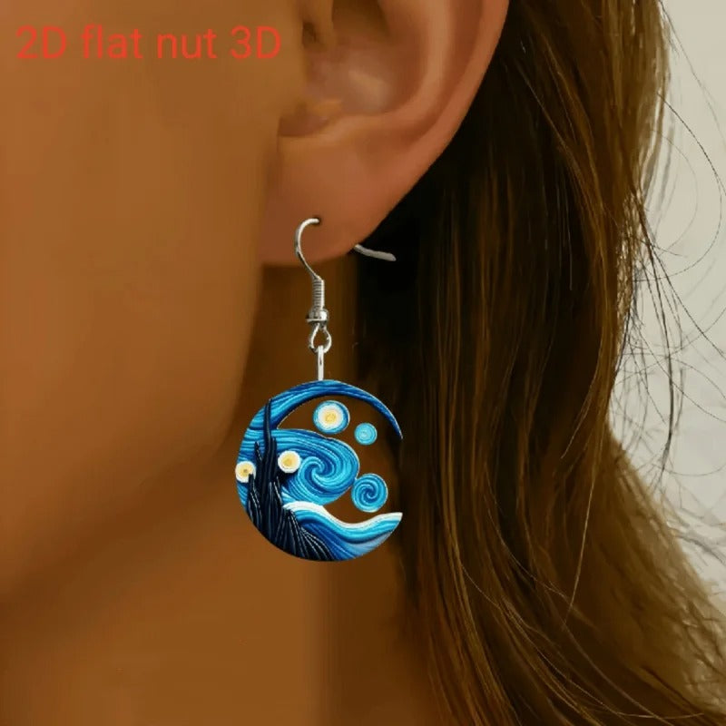 Van Gogh Starry Sky Acrylic Earrings – Moon & Black Cat Design for Women