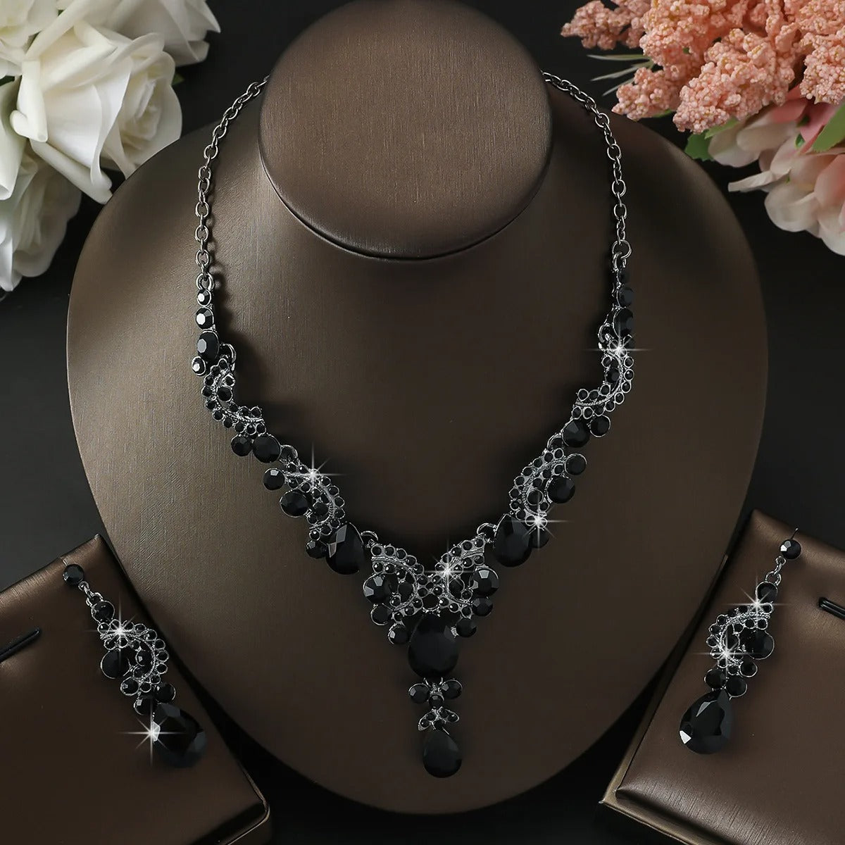 Black Water Drop Crystal Necklace Earrings For Women Wedding Bride Jewelry Sets