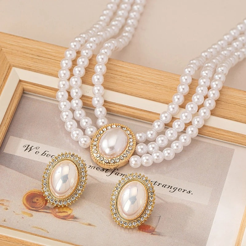 Elegant Retro Three-Layer Imitation Pearl Necklace Set Necklace Earrings Fashionable Jewelry Accessories Hot Sale Party Gift