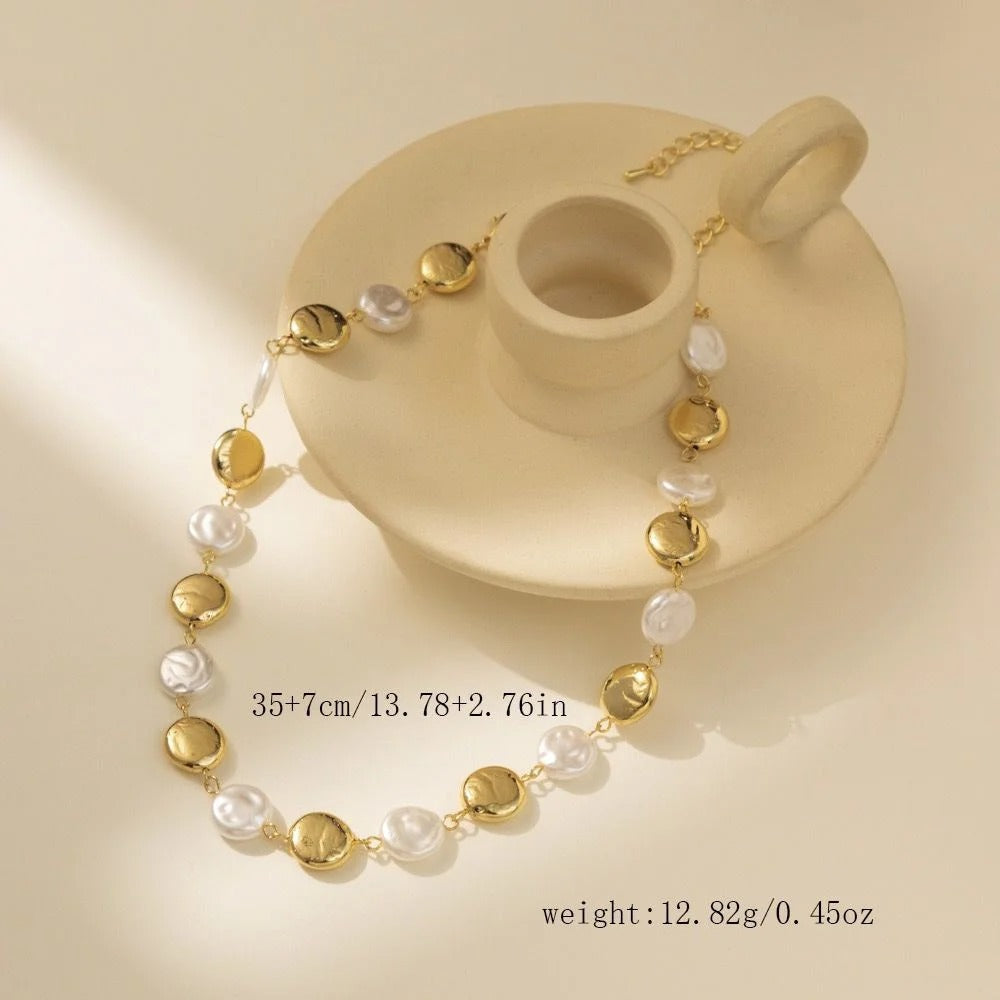 Creative Imitation Pearl Splicing Gold Glossy Circular Necklace For Women's New 2025