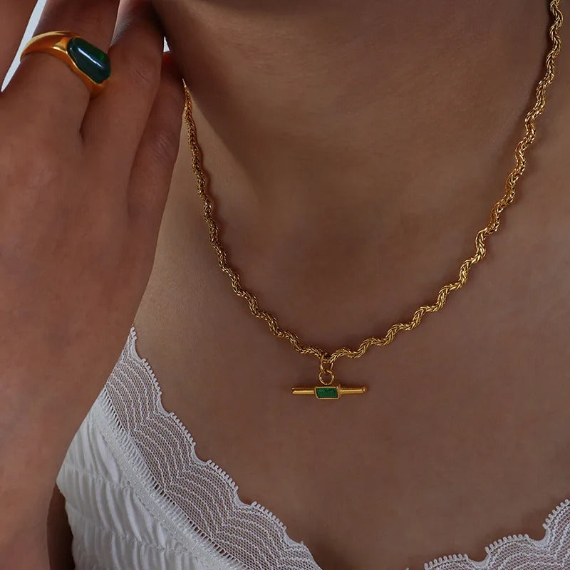 Wavy Line Stainless Steel Necklace Green & Black Stone Pendant