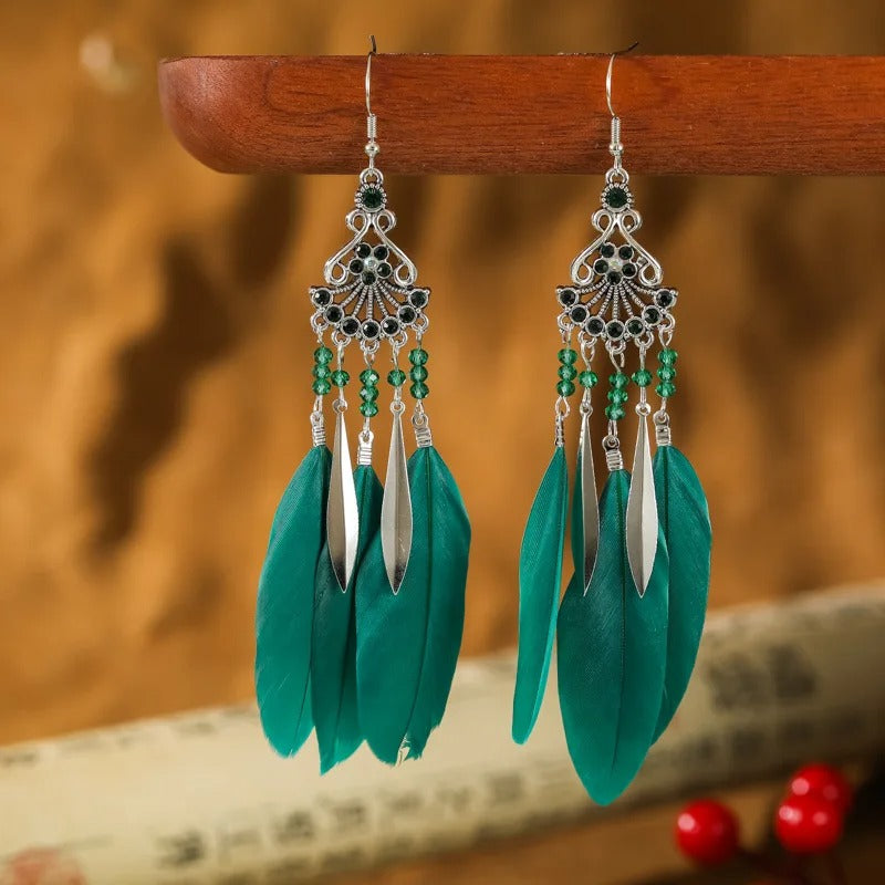 Ethnic Style Long Drop Crystal Beads Feather Earrings Women