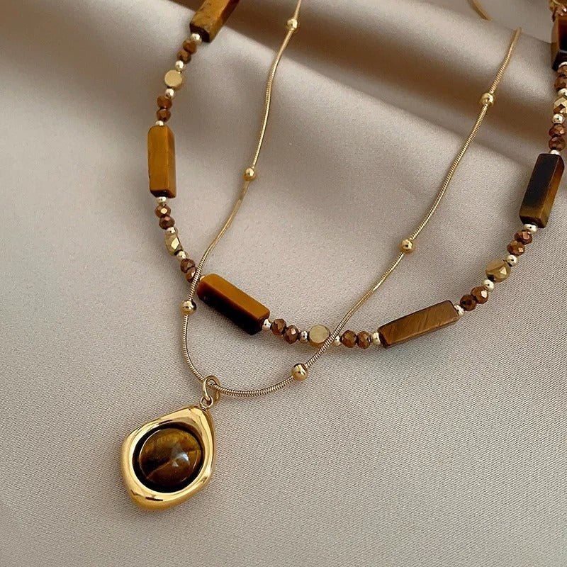 Layered Tiger Eye Stone Pendant Necklace For Women Stainless steel Double-Layer Collarbone Chain Sets Jewelry