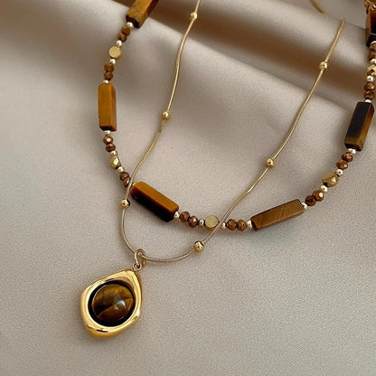 Layered Tiger Eye Stone Pendant Necklace For Women Stainless steel Double-Layer Collarbone Chain Sets Jewelry