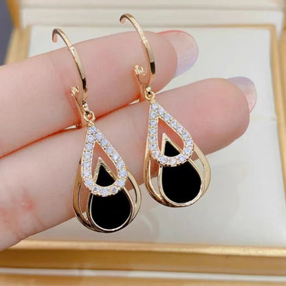 Trendy Rhinestone Dangle Earrings Black Enamel Round Hoop Women