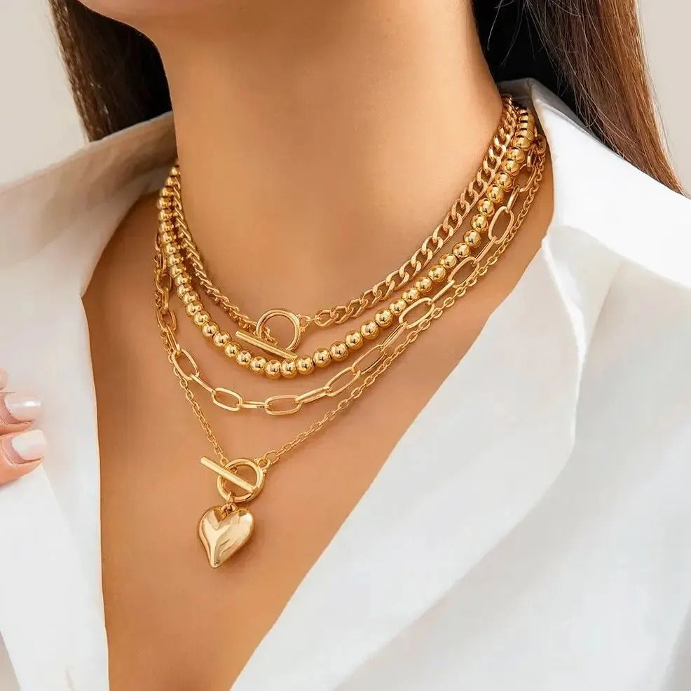 4Pcs/Set Punk Gold Color Heart Pendant Necklace for Women 2025 Trendy Beaded Neck Chain Choker Jewelry Accessories