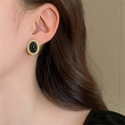 Retro Gold Black Oval Stud Earrings for Women Elegant Vintage Party Jewelry