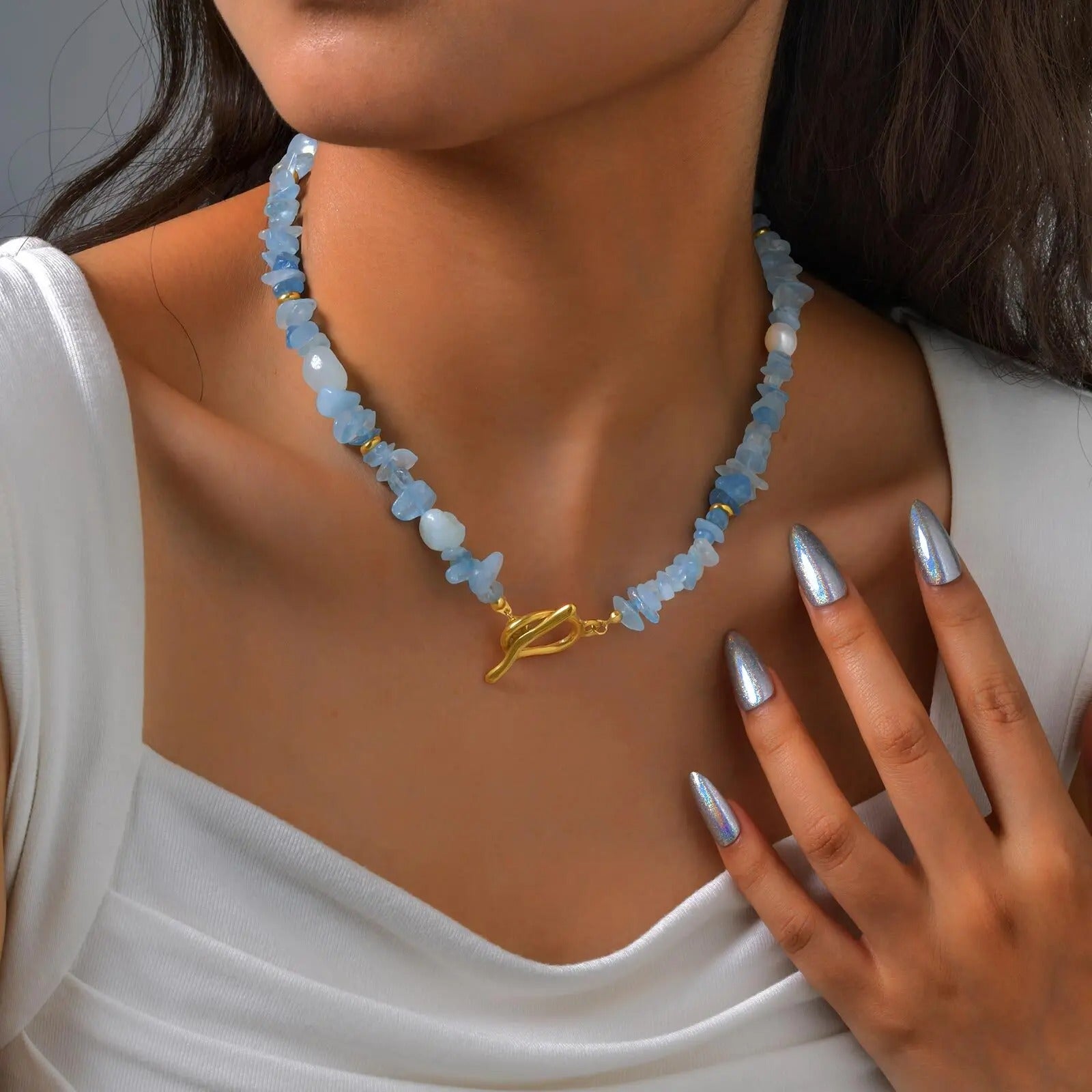 Handemade Creative Nature Stone Crystal Necklace for Women, Stainless Steel OT Clasp, Beach Summer Waterproof Jewelry