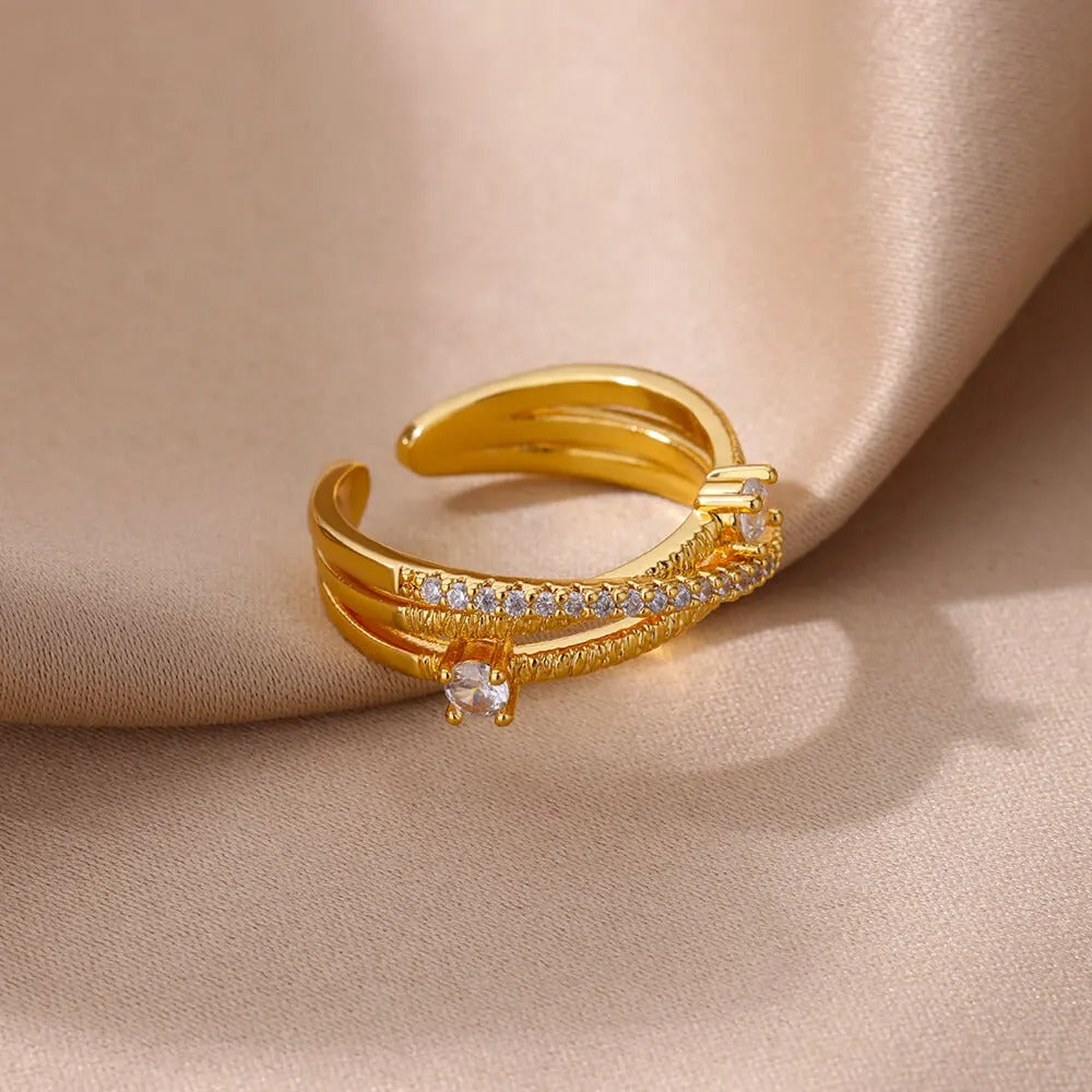 Gold Cross Zircon Open Ring Stainless Steel Minimalist Adjustable Jewelry for Women.