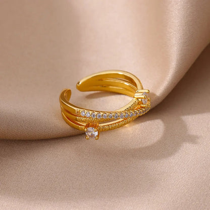 Gold Cross Zircon Open Ring Stainless Steel Minimalist Adjustable Jewelry for Women.