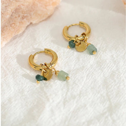 Women Gold Plated Stainless Steel Hoop Earrings Green Stone Charms