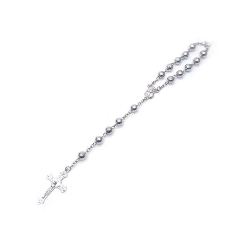 Silver Color Rosary Metal Jesus Cross Bracelet Prayer Beads Car Hanging Ornaments Religious