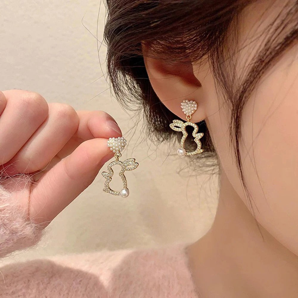 Trendy Rabbit Drop Earrings Crystal Pearl Cute Dangle Jewelry