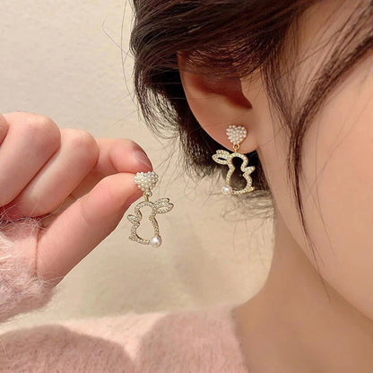 Trendy Rabbit Drop Earrings Crystal Pearl Cute Dangle Jewelry