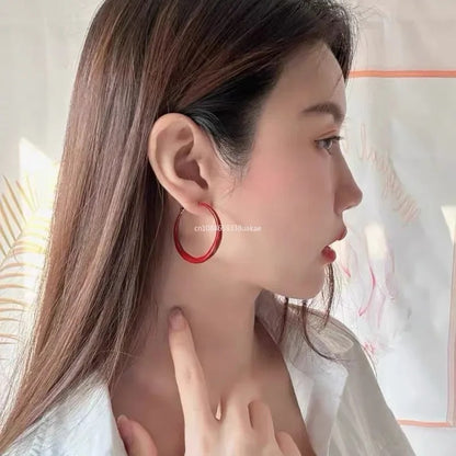 Statement Red Hoop Earrings Women Large Smooth Circle Earrings