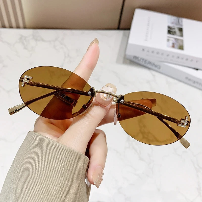 Rimless Retro Oval Metal Sunglasses for Women UV400