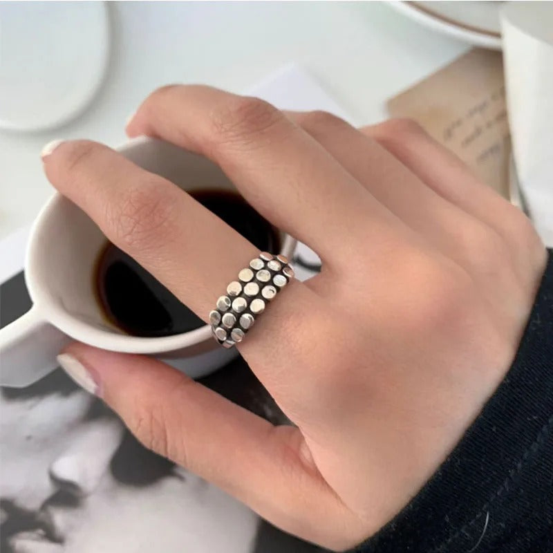 925 Sterling Silver Geometric Bead Ring Punk Style Women