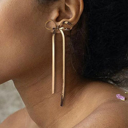 Minimalist Bowknot Snake Chain Tassel Earrings Stainless Steel