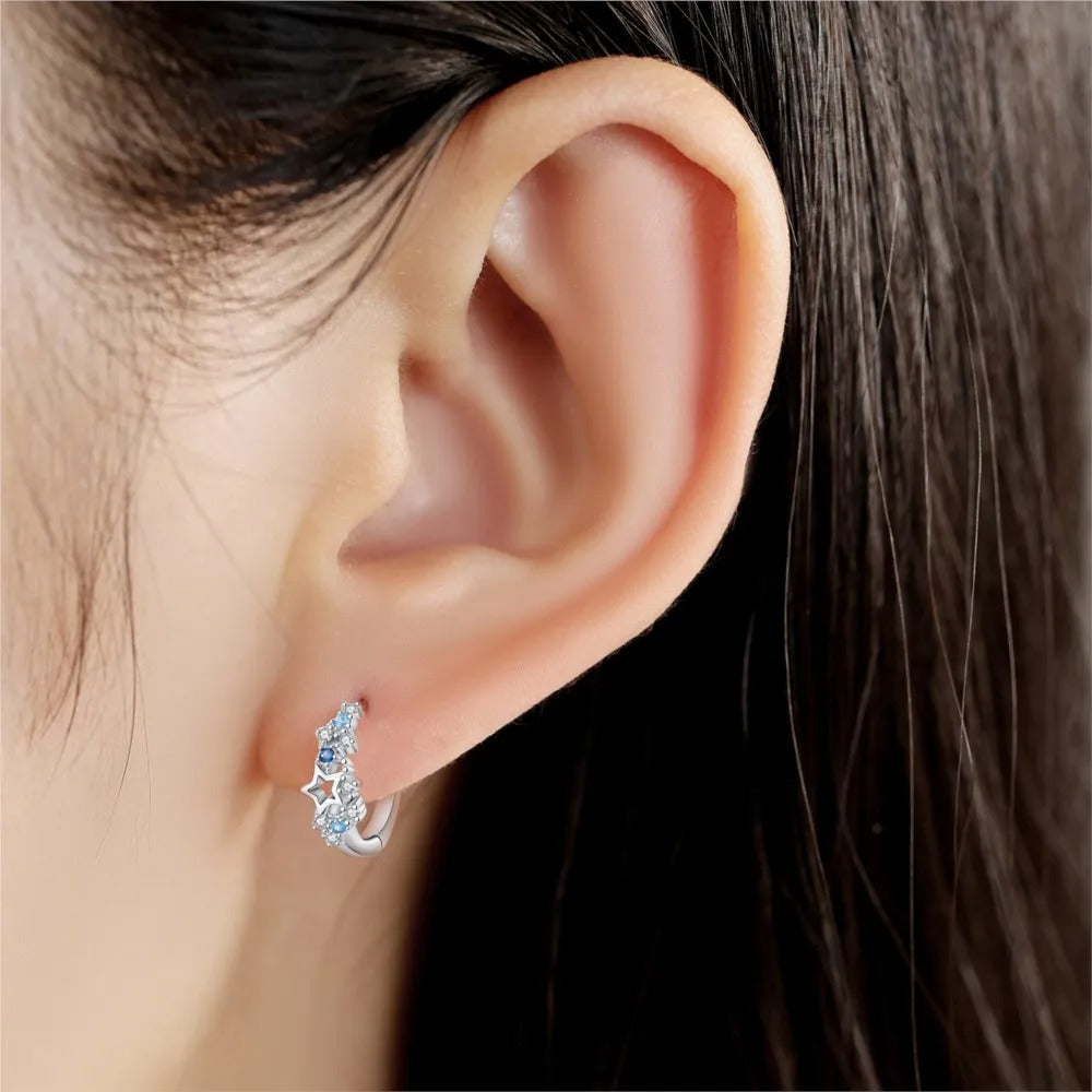 925 Sterling Silver Blue Star Hoop Earrings Women Party Gift