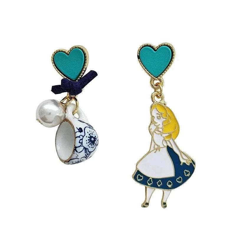 Carton Fairy Tale Princess Alice Earrings Imitation Pearl Blue Heart Dangle Earrings Cute Girls Enamel Earrings
