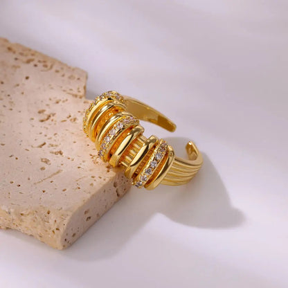 Chunky Gold Zircon Ring Stainless Steel Shiny Statement Jewelry for Women.